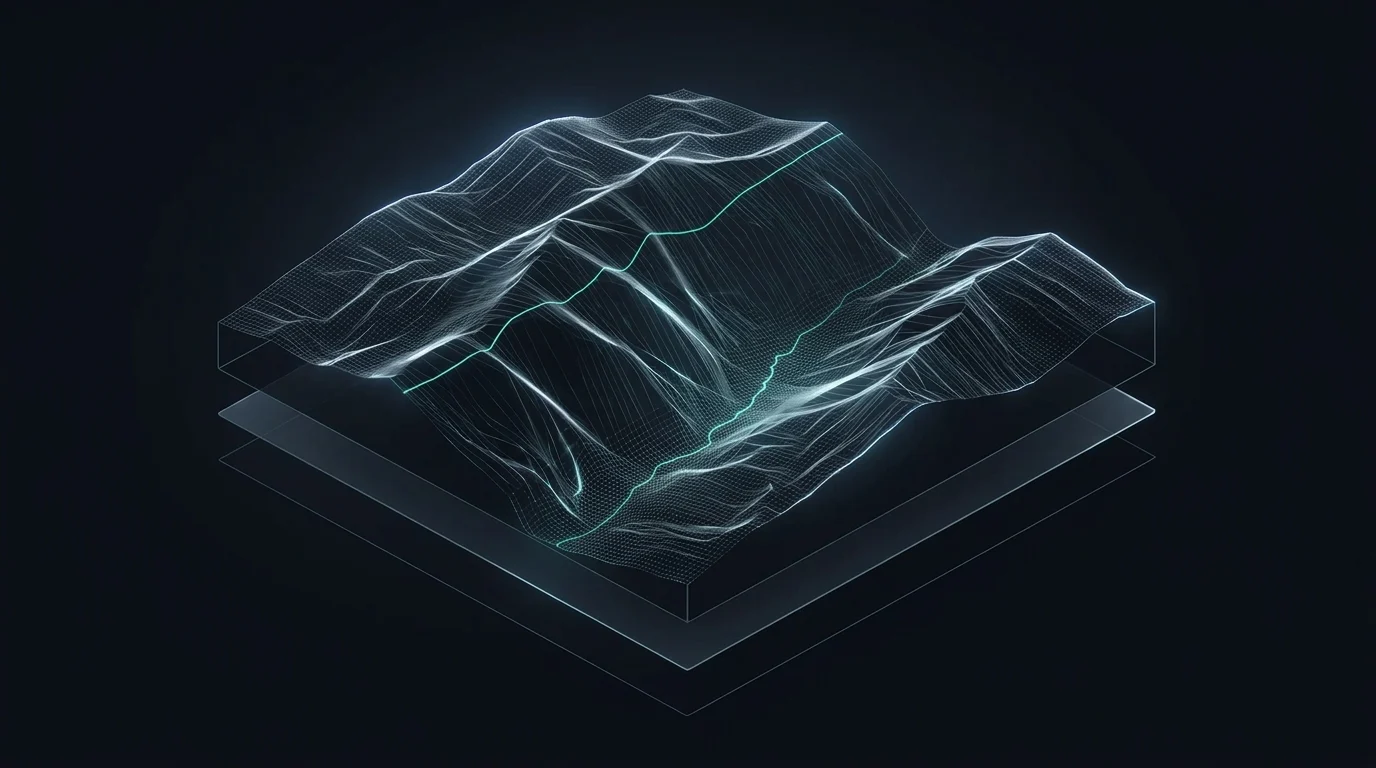 Dark topographic mesh with a teal contour drawn across a thinned ridge